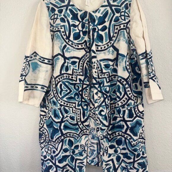 Artisan Printed Linen 3/4-sleeves. Open-front design..‎ Linen. - Picture 3 of 5